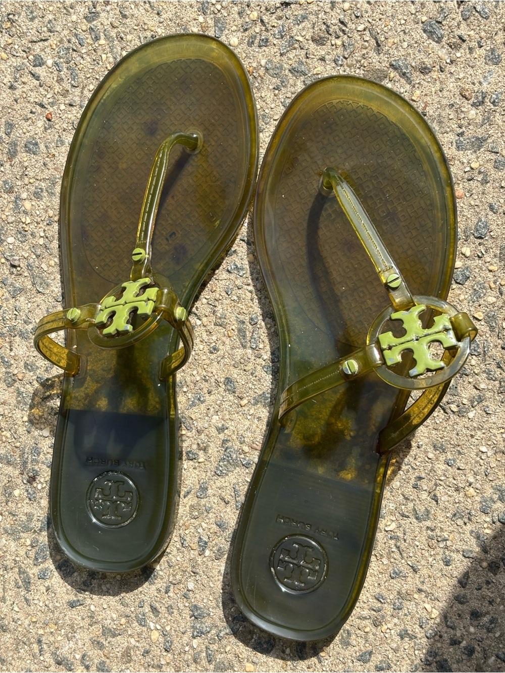 olive green Tory Burch Mini Miller Jelly Thong Sandals size 8